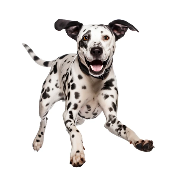 Happy Dalmatian dog running isolated on white background