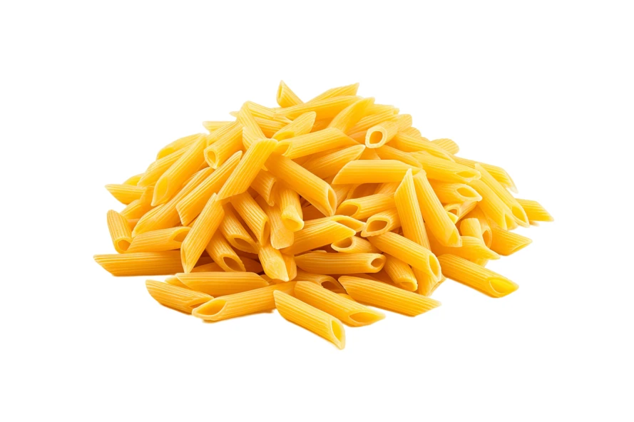 Heap of dry penne pasta isolated on white background