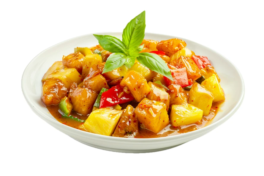 Sweet and sour chicken with pineapple on white background