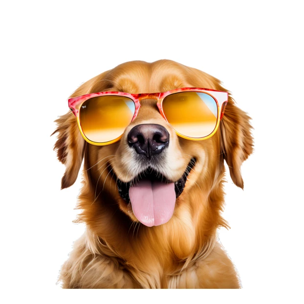 Golden retriever wearing sunglasses isolated on white background