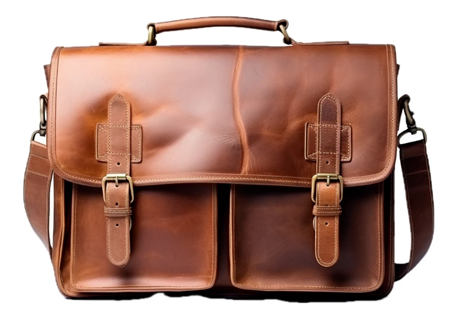 Vintage brown leather messenger bag with buckles on white background