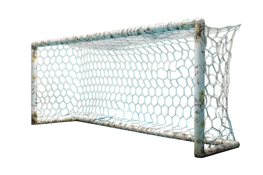 Isolated soccer goal with rusty posts on white background