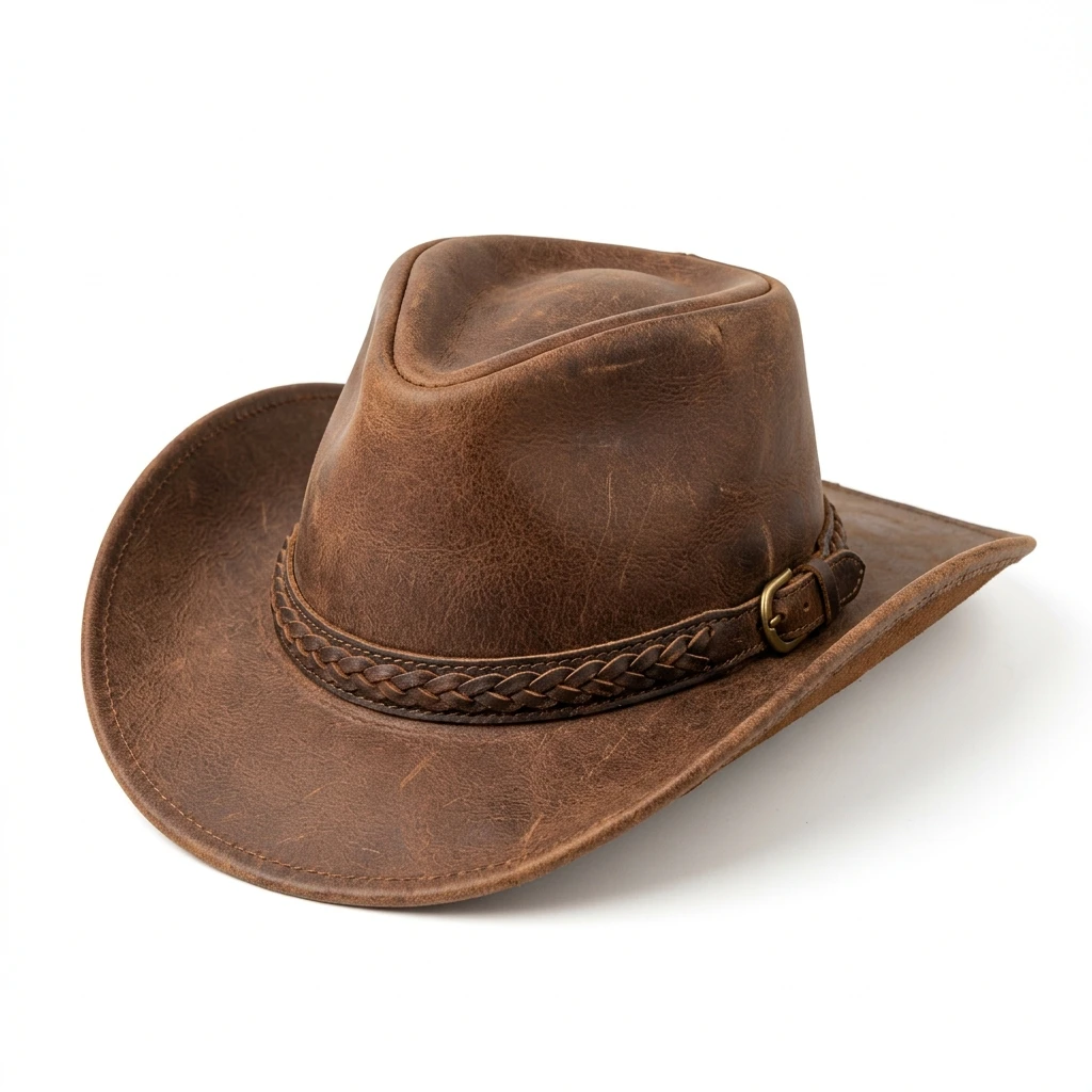 Brown distressed leather cowboy hat on white background