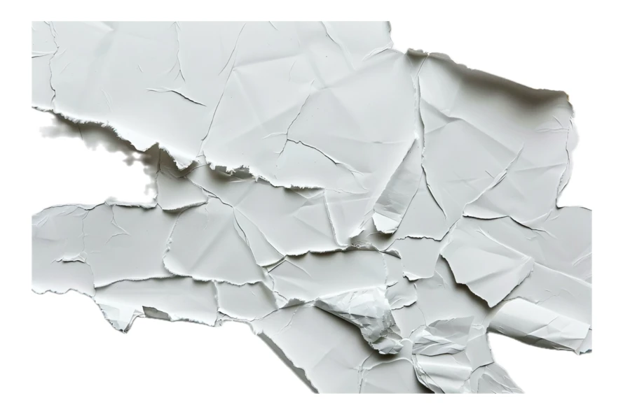 Torn and crumpled white paper scraps isolated on white