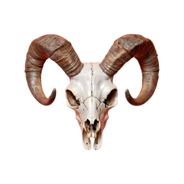 Ram skull with large curved horns on white background