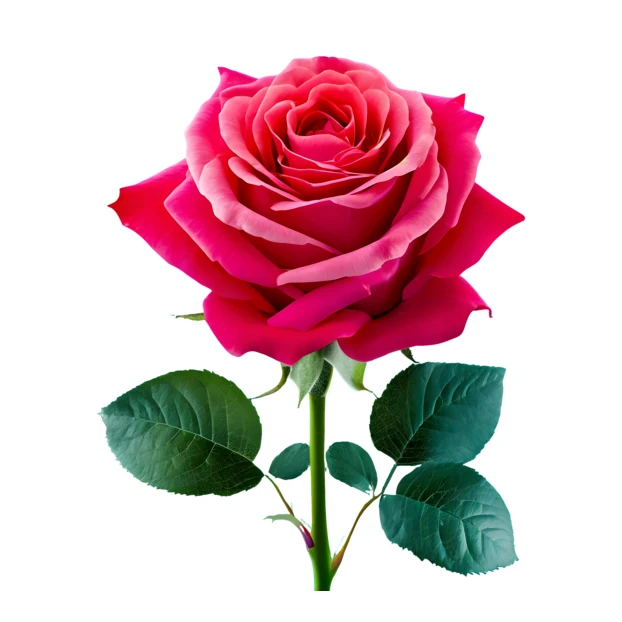 Single vibrant pink rose isolated on white background