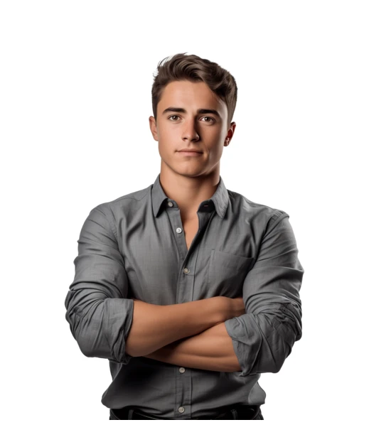 Young man in grey shirt posing with crossed arms