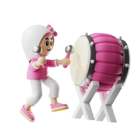 A girl playing a traditional drum