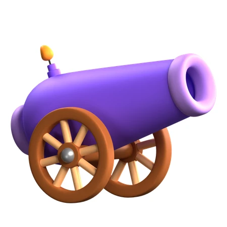 Purple 3D cartoon cannon with wooden wheels isolated