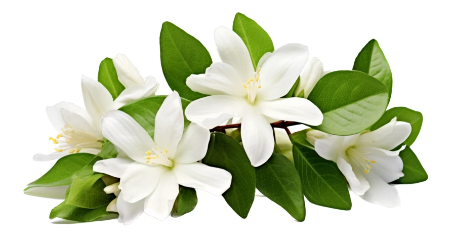 White jasmine flowers with green leaves isolated on white
