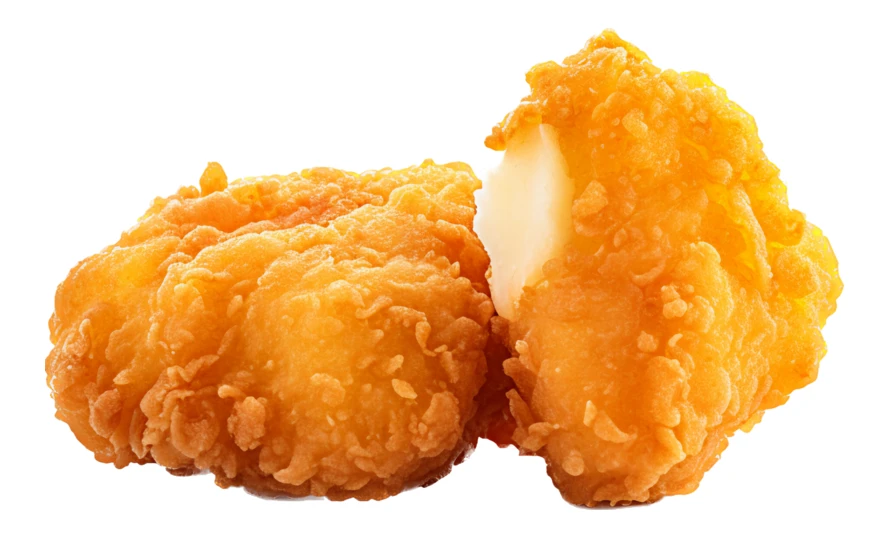 Two crispy golden fried chicken nuggets on white background