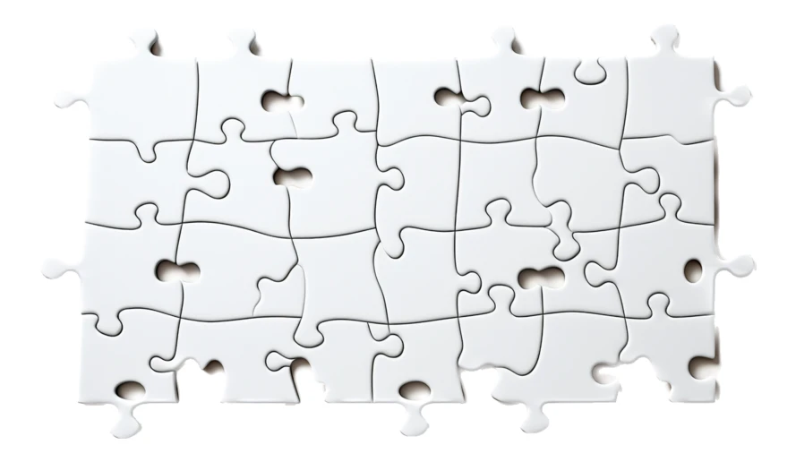 Blank white jigsaw puzzle with missing pieces on white background