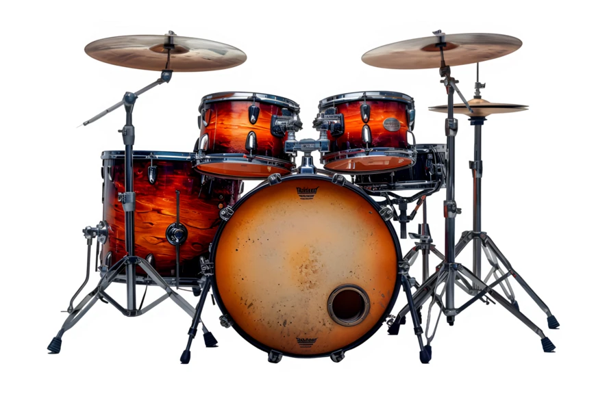 Professional wooden drum kit isolated on white background