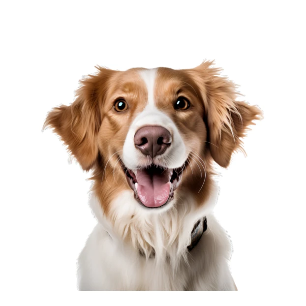 Happy brown and white spaniel mix dog on white background