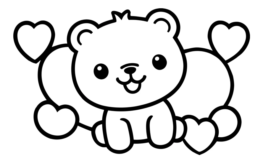 Cute teddy bear coloring page with hearts for kids