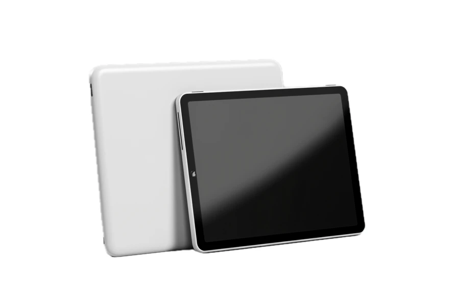 Digital tablet showing front screen and back cover on white