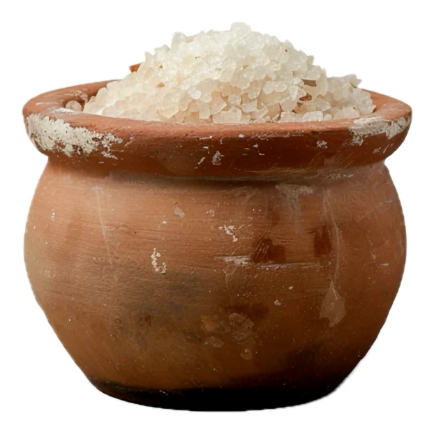Coarse sea salt in a small rustic clay pot