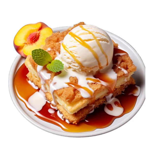 Peach cobbler bar with vanilla ice cream and caramel sauce
