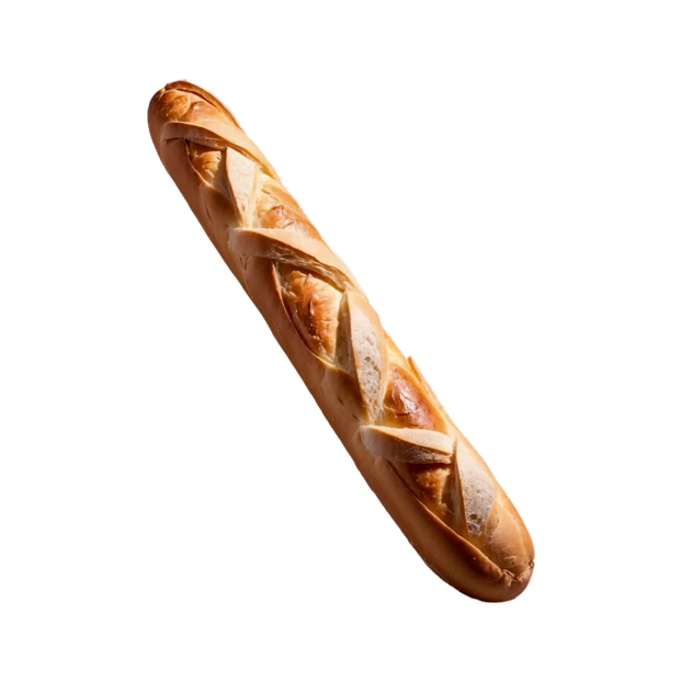 Freshly baked crusty French baguette isolated on white background