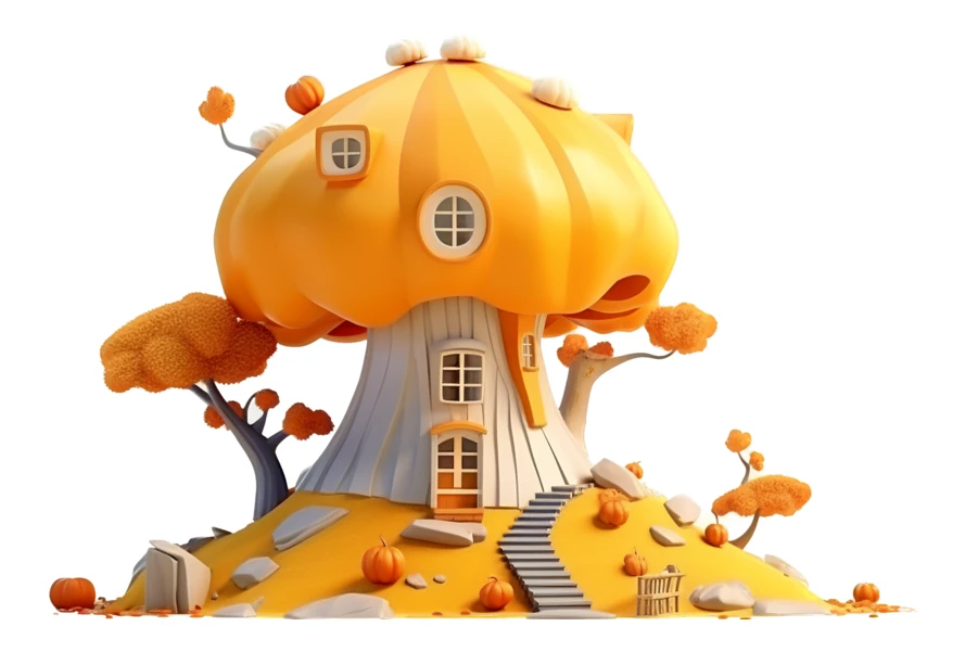 Whimsical 3D pumpkin house on autumn hill isolated