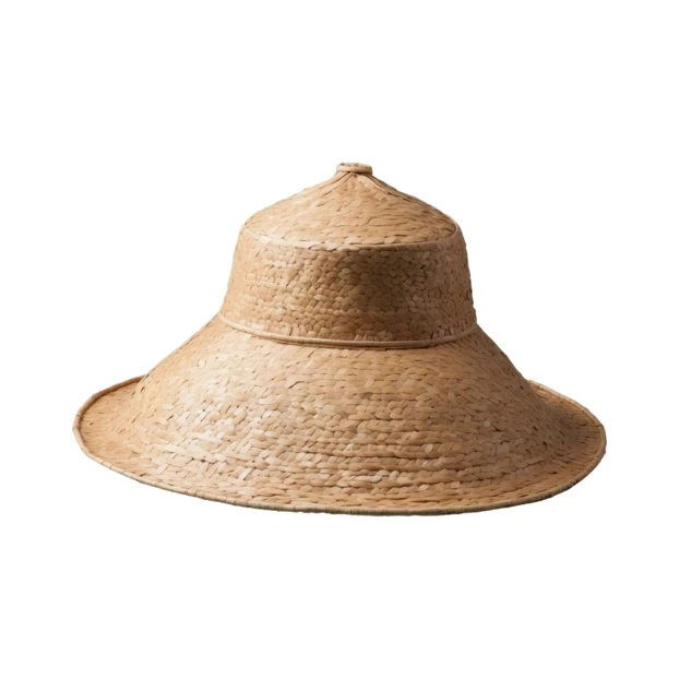 Traditional woven straw sun hat on white background