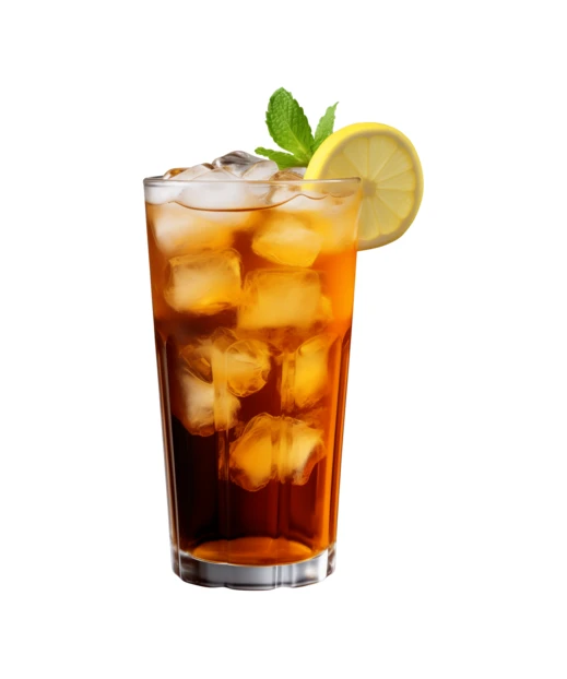 Cold glass of iced tea with lemon slice and mint