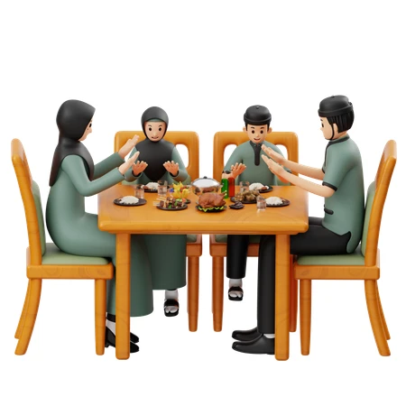 3D illustration of a Muslim family praying at dining table