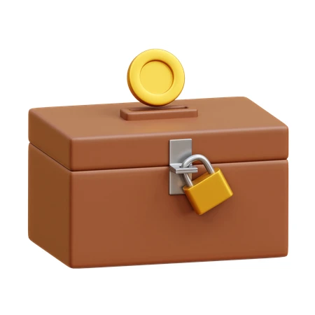 3D donation box with gold coin and padlock