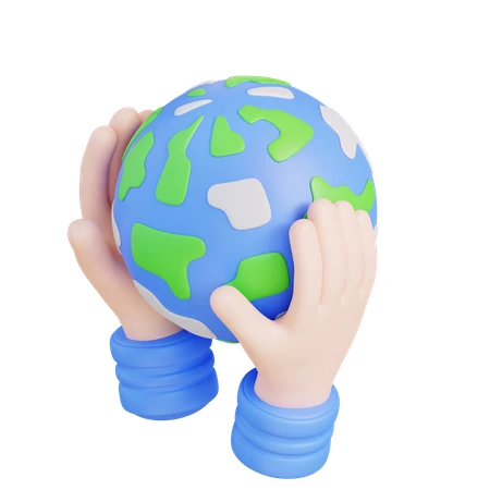 3D illustration of hands holding a stylized planet earth globe