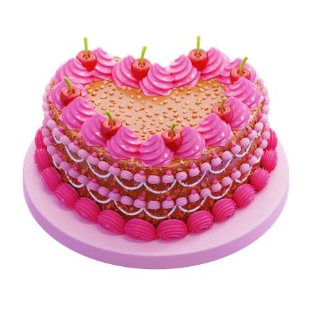 Ornate heart shaped cake with pink frosting and cherries
