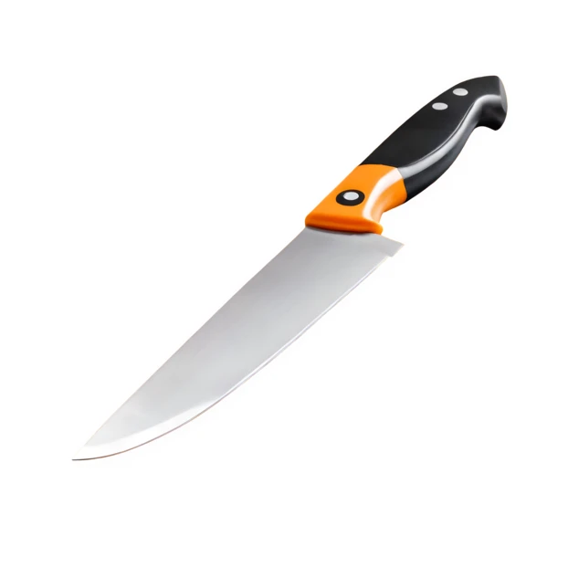 Sharp professional chef knife with orange and black handle