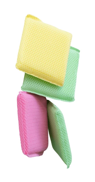 Group of colorful mesh dish sponges on white background