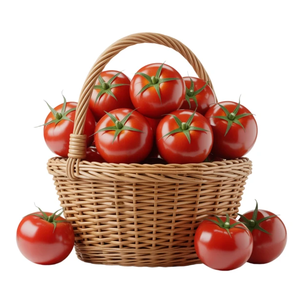 Fresh red tomatoes in a wicker basket isolated on white