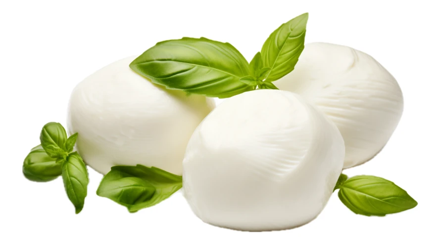 Fresh mozzarella cheese balls with basil leaves isolated on white