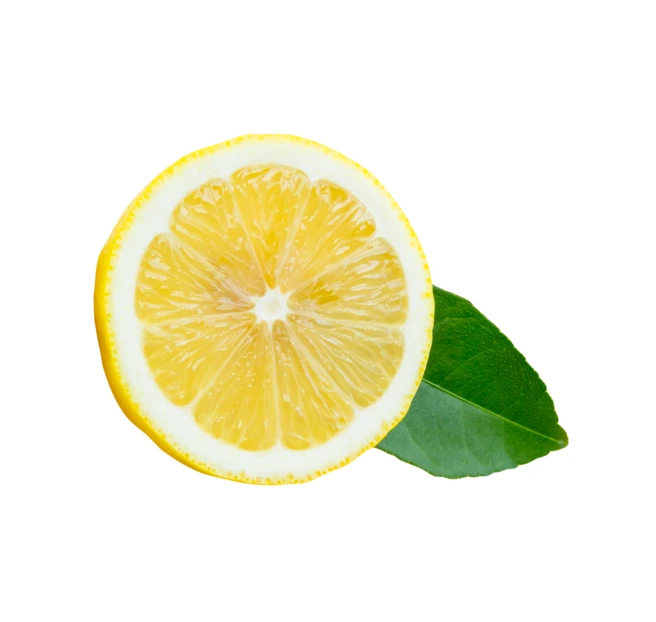 Fresh lemon slice with green leaf isolated on white background