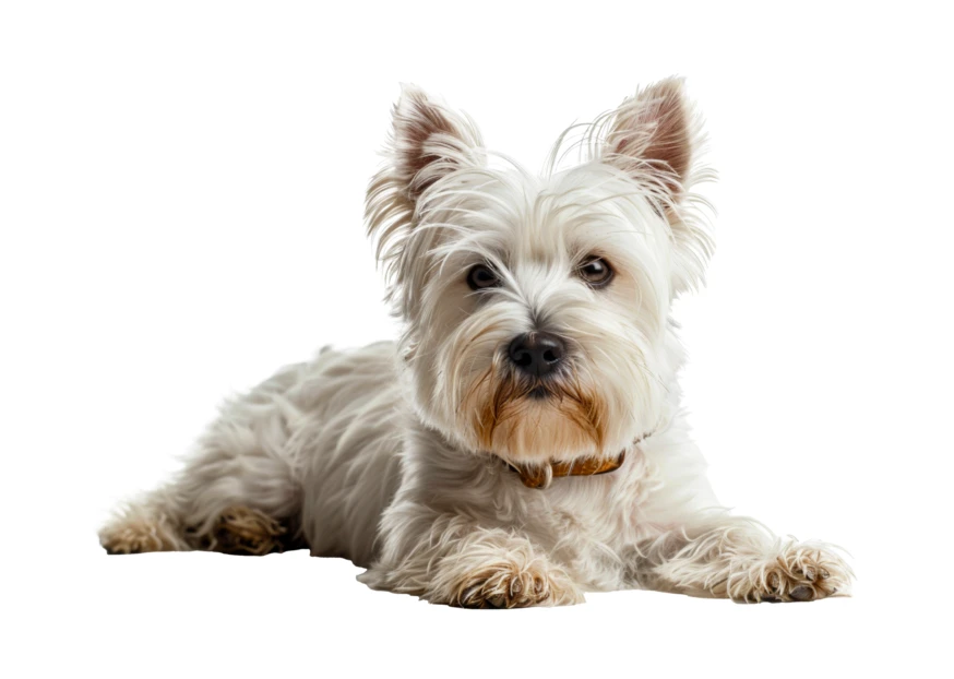 West Highland White Terrier lying isolated on white background