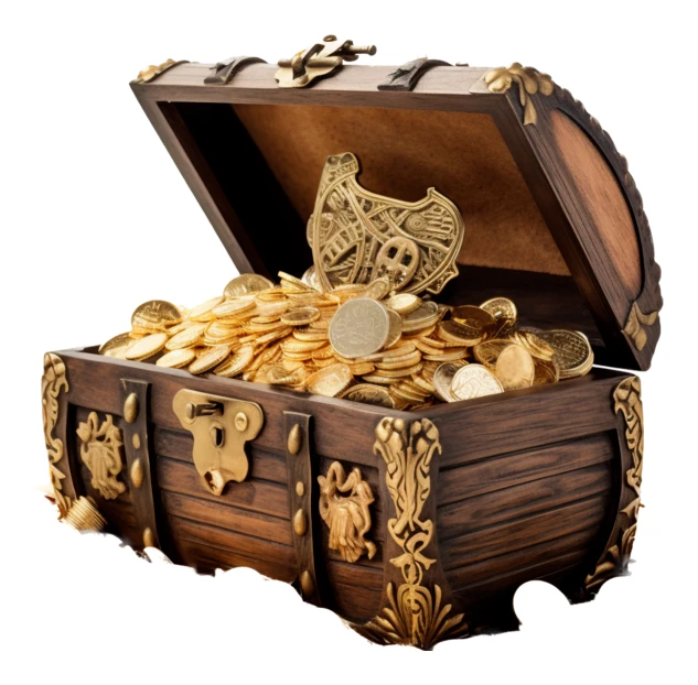 Open wooden treasure chest overflowing with gold coins