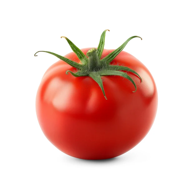 Fresh ripe red tomato with green stem on white background
