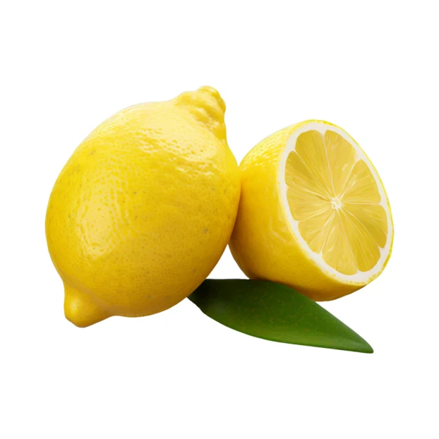 Fresh whole and half yellow lemons with green leaf