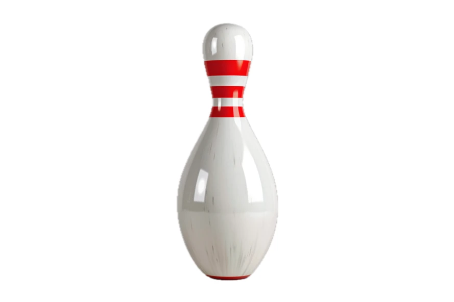 Single scuffed white bowling pin isolated on white background
