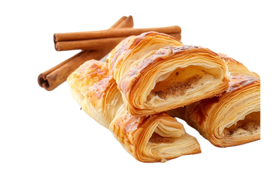 Freshly baked flaky cinnamon pastry rolls on white background