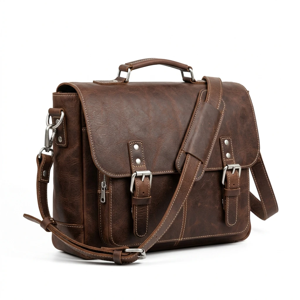 Vintage brown leather messenger bag isolated on white background
