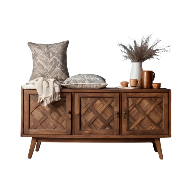 Rustic wooden sideboard with parquetry doors and home decor