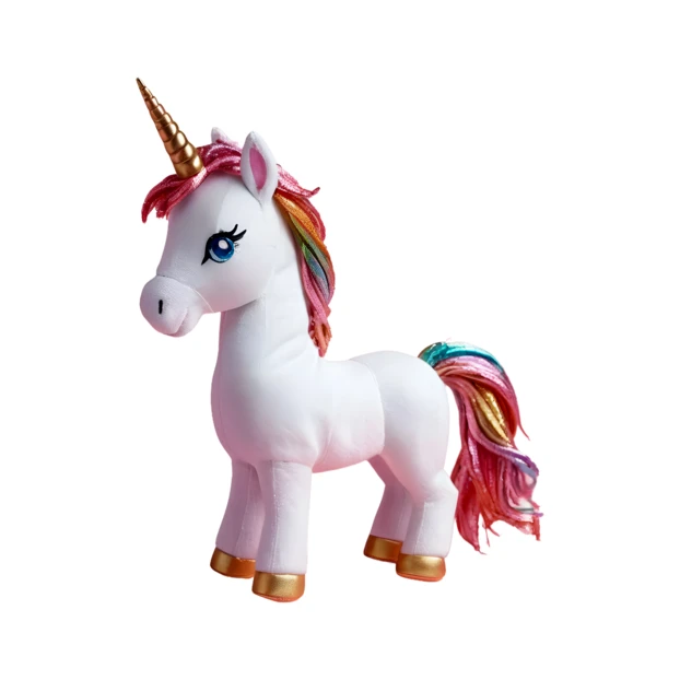 White unicorn toy with rainbow mane and gold horn