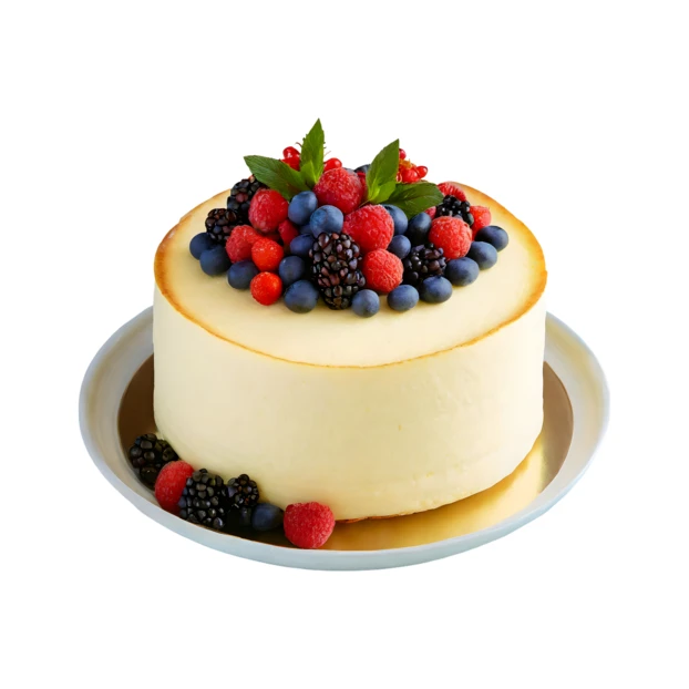 Fresh cheesecake topped with mixed berries on white background