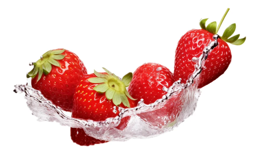 Fresh red strawberries splashing in water isolated on white