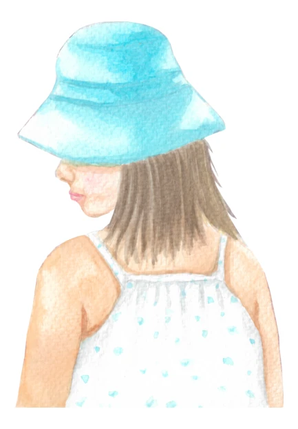 Watercolor illustration of a girl wearing a blue sun hat