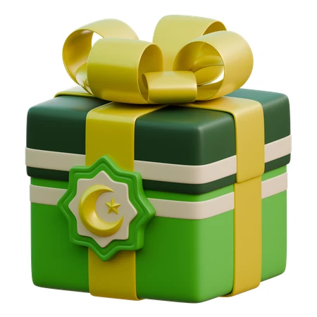 3D green Islamic gift box with yellow bow and crescent