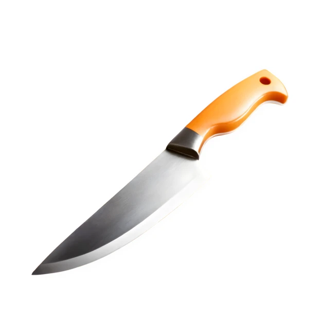 Professional kitchen knife with orange handle isolated on white