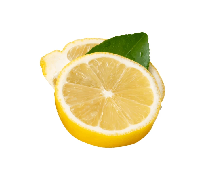 Fresh yellow lemon slices with leaf on white background